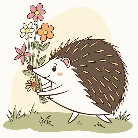 hedgehog with flowers, vector illustration in doodle styleのイラスト素材