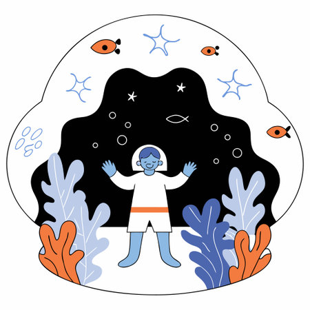 Cute vector illustration of a boy in the sea. Vector illustrationのイラスト素材