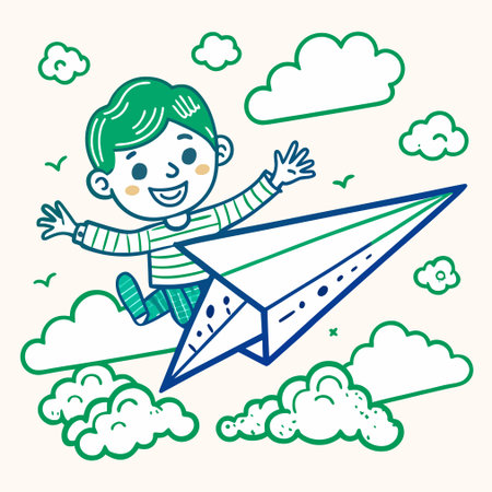 Cute boy flying on paper plane. Hand drawn vector illustration.のイラスト素材