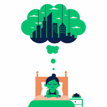 Girl sitting in bed and dreaming about a city. Vector illustration.のイラスト素材