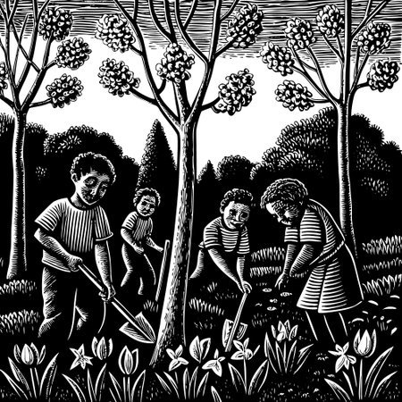 black and white engraving illustration of family working in the gardenのイラスト素材