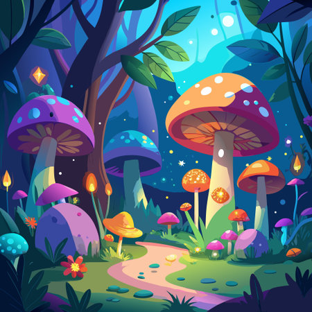 Fantasy forest with magic mushrooms. Vector illustration in cartoon style.のイラスト素材