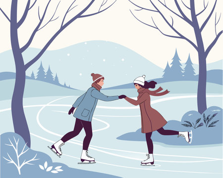 Couple ice skating in winter park. Vector illustration in flat styleのイラスト素材