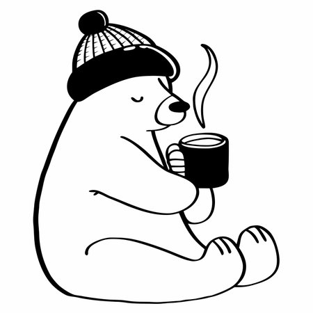 Black and white vector illustration of a polar bear with a cup of hot teaのイラスト素材