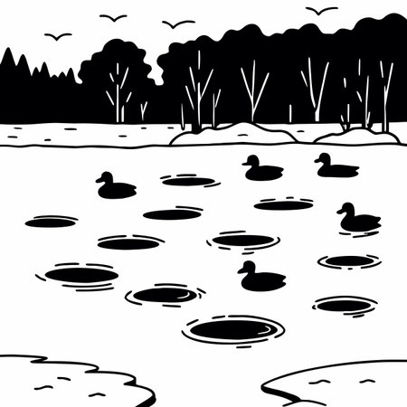 Ducks swimming in the pond. Black and white vector illustration.のイラスト素材