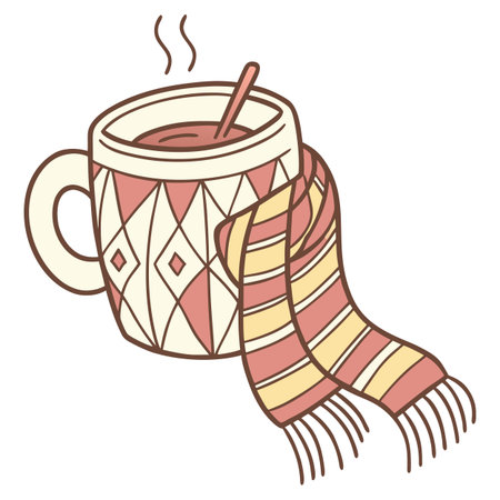 Cup of hot drink with knitted scarf. Vector illustration.のイラスト素材