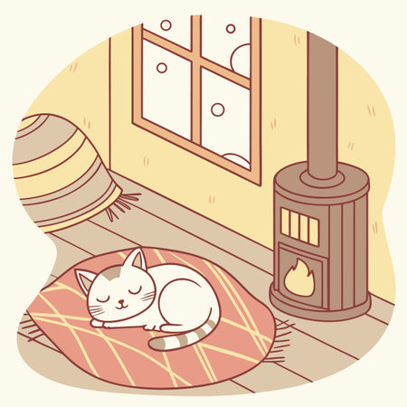 Vector illustration of a cute cat sleeping on a pillow near the fireplaceのイラスト素材