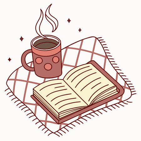 Cup of coffee and book on a blanket. Vector illustration.のイラスト素材