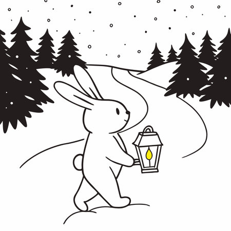 Rabbit with a lantern in the forest. Vector illustration for coloring book.のイラスト素材