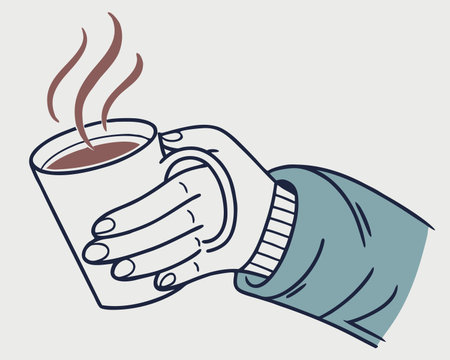 hand holding a cup of hot coffee, vector illustration in doodle styleのイラスト素材