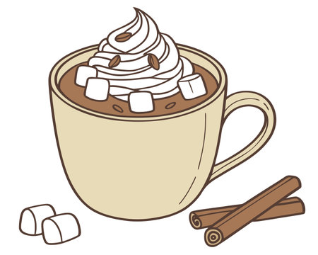 Cup of hot chocolate with marshmallow and cinnamon sticks. Vector illustration.のイラスト素材