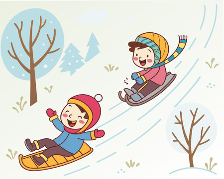 Boy and girl sledding in the winter forest. Vector illustration.のイラスト素材
