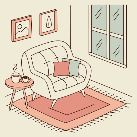 Living room interior with armchair, coffee table and picture on wallのイラスト素材