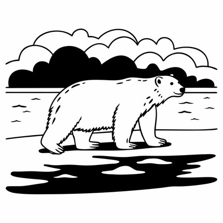 Polar bear on the beach. Black and white vector illustration.のイラスト素材