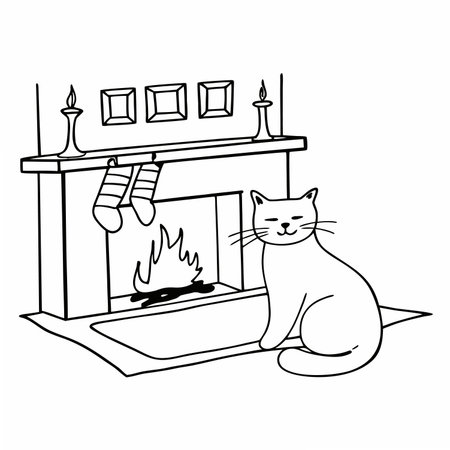 Cat sitting near the fireplace. Black and white vector illustration for coloring book.のイラスト素材