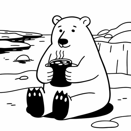 Black and White Cartoon Illustration of Polar Bear Drinking From a Cupのイラスト素材
