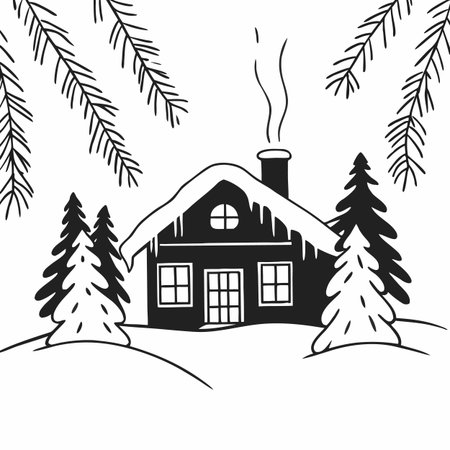 Cottage in the forest. Vector illustration in black and white.のイラスト素材