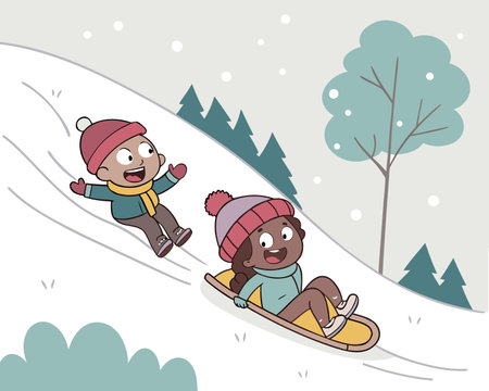 Children slide on a snowboard in the winter. Vector illustration.のイラスト素材