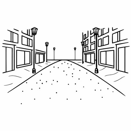 City street black and white outline vector illustration. Street with lanternsのイラスト素材