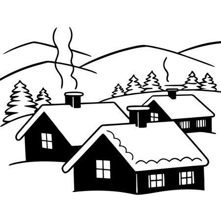 Black and White Cartoon Illustration of House with Roof in Winter Landscapeのイラスト素材