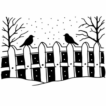 Fence with birds and trees. Black and white vector illustration.のイラスト素材