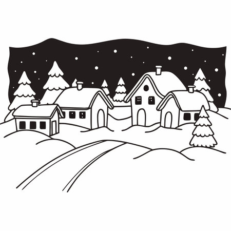 Winter landscape with houses and trees. Black and white vector illustration.のイラスト素材