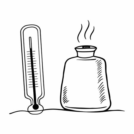 Vector illustration of a thermometer and a bottle of oil on a white backgroundのイラスト素材