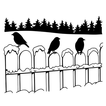 Crows on the fence. Black and white vector illustration for coloring book.のイラスト素材
