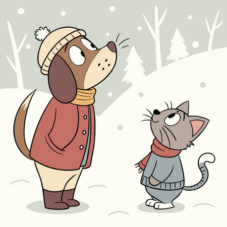 Vector illustration of a dog and a cat in winter clothes on a walkのイラスト素材