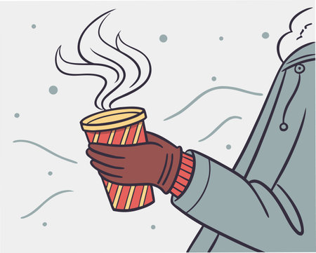 Illustration of a man holding a paper cup of hot coffee.のイラスト素材