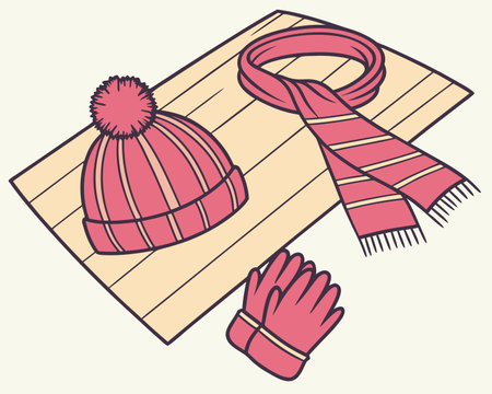 Vector illustration of knitted hat, scarf and gloves on wooden boardのイラスト素材