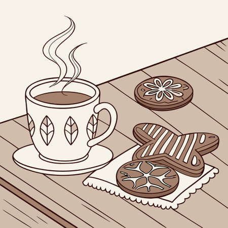 Cup of coffee and cookies on wooden table. Vector illustration.のイラスト素材