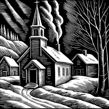 Church in the winter forest. Black and white engraving vector illustration.のイラスト素材
