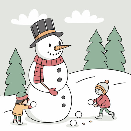 snowman and kids playing in the snow, vector illustration designのイラスト素材