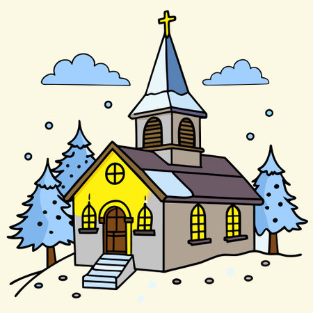 Vector illustration of a christian church in the snow. Doodle style.のイラスト素材