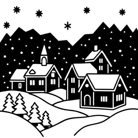Winter landscape with houses and snowflakes. Vector illustration in black and white.のイラスト素材