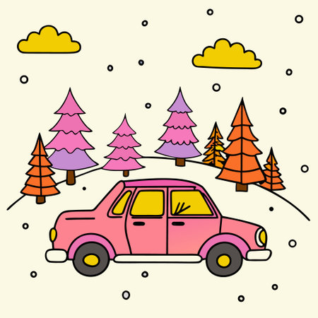 Cute hand drawn vector illustration of a pink car in the forest.のイラスト素材