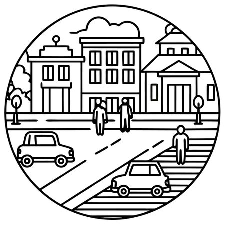 Vector illustration of a city street with people and cars on the roadのイラスト素材