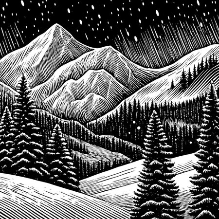 Hand drawn winter landscape with mountains, fir trees and falling snow.のイラスト素材