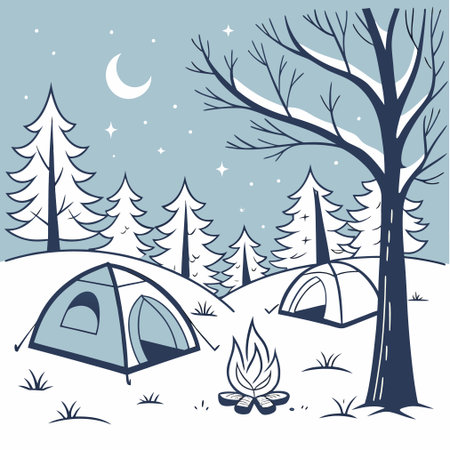 Camping in the forest with bonfire and tent. Vector illustrationのイラスト素材