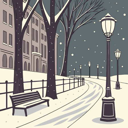 Winter street with bench and lampposts. Vector illustration.のイラスト素材