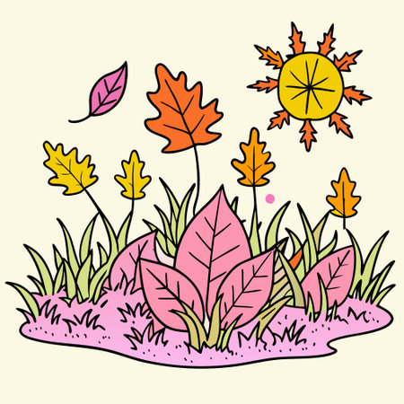Hand drawn vector illustration of autumn leaves in grass. Doodle style.のイラスト素材