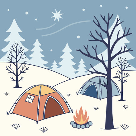 Camping tent and bonfire in the winter forest. Vector illustration.のイラスト素材