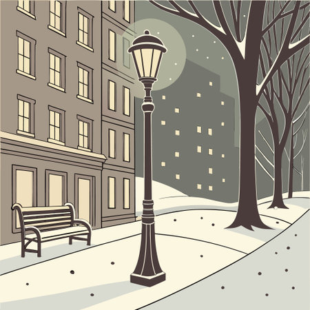 Vector illustration of a winter street with a bench and a street lampのイラスト素材