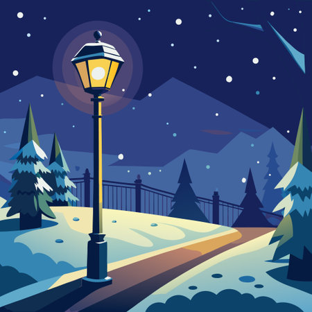 Winter night landscape with road and street lamp. Vector illustration in flat styleのイラスト素材
