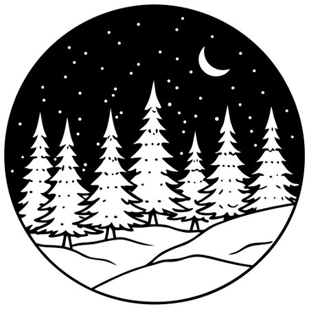 Black and white vector illustration of a winter landscape with fir trees.のイラスト素材
