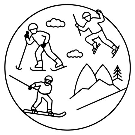 Snowboarders in a circle. Vector illustration. Line art.のイラスト素材