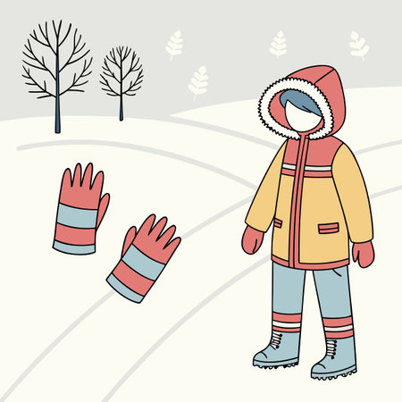 Vector illustration of a boy in a winter jacket and gloves on the background of the winter landscapeのイラスト素材
