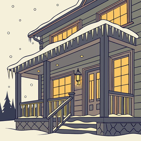 Wooden house in winter. Vector illustration in hand drawn style.のイラスト素材