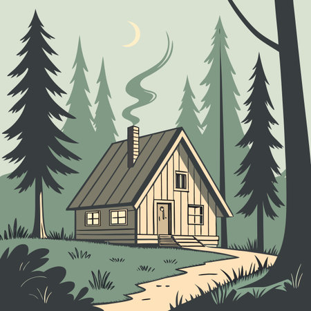 Wooden house in the forest. Vector illustration in retro style.のイラスト素材